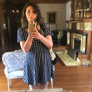 Navy + white striped vintage style dress Sz Small